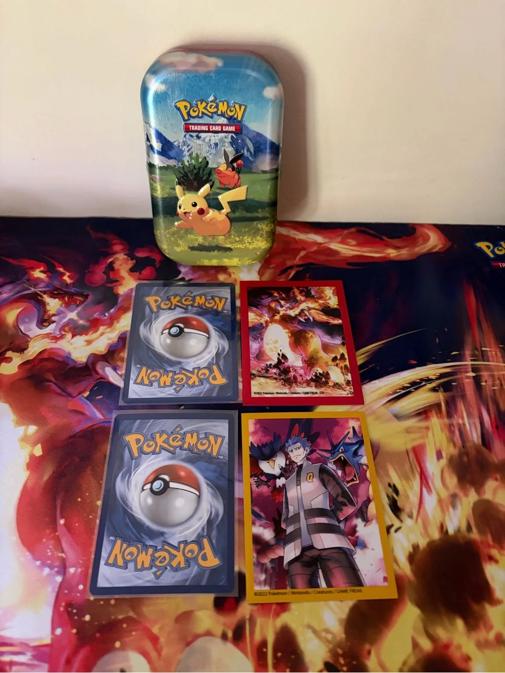 Pokémon Pikachu Tin (empty) with Holo EX/V Cards - Pikachu Tin